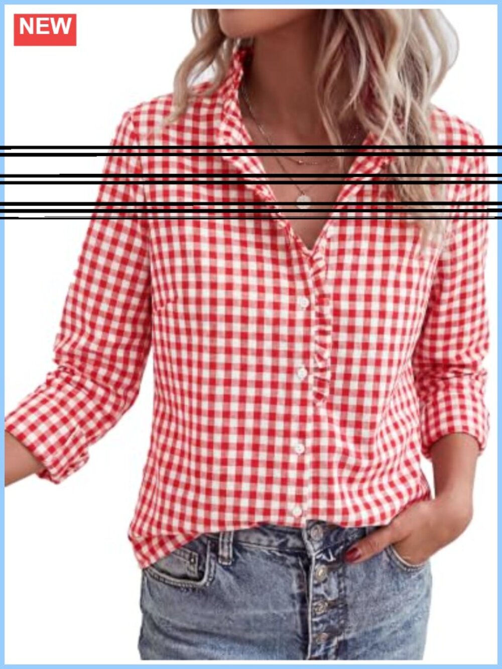 Long Sleeve Button Down Plaid Blouse Ruffle Collar Office Top
